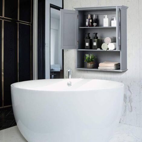 GOPLUS Armadietto Bagno da Parete, Mobiletto Portaoggetti a Ripiani Regolabili, Ampio Spazio di Stoccaggio, Moderno e Semplice, in Legno, Ante a Doppio, 60 x 20 x 70,5cm (Grigio)