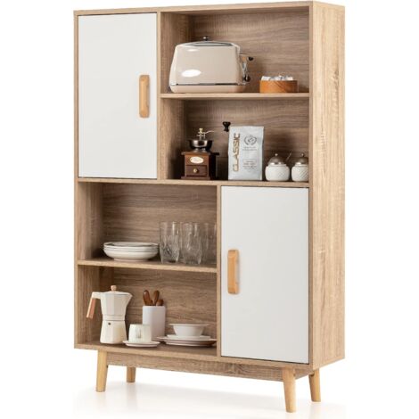 GOPLUS Armadietto di Libri per Soggiorno, Libreria a Ripiani, Doppia Anta con Maniglie, Gambe Legno con Tappedini Antiscivolo, Design di Antiribaltamento, Portata di 80kg, 80x24x119,5 cm (Bianco)