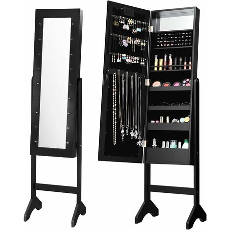 GOPLUS Armadietto per Gioielli con Specchio, Armadio di Grande Capacità con Aspetto Semplice, Adatto per Bagno, Camera da Letto, Mobiletto con Luci LED, 35 x 31,5 x 145 cm (Nero)