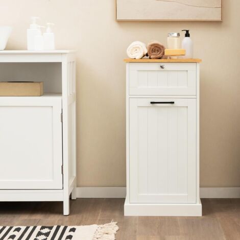GOPLUS Armadietto per Lavanderia, Mobile con Cassetto e Cesta Portabiancheria, Materiale in Legno, Maniglie in Metallo, Aspetto Elegante Adatto per Bagno, Camera da Letto, Bianco