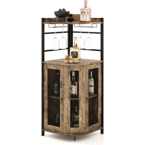 GOPLUS Armadietto per Vini ad Angolo in Stile Industriale con Ripiano Regolabile e Porta a Rete, Armadietto con Porta Bicchiere da Vino, Armadietto su Gambe per Bar, Cucina, Soggiorno