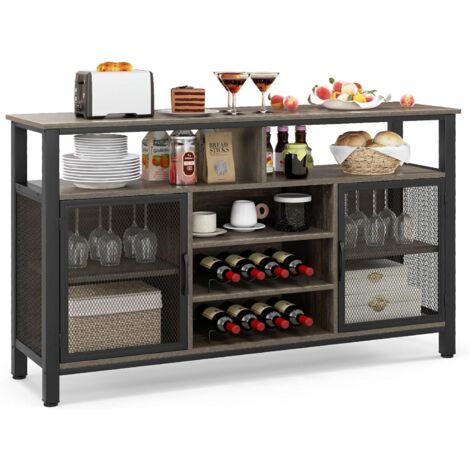 GOPLUS Armadietto Portabottiglie di Vino, Credenza da Cucina con Contenitore, Armadietto per Liquori per Sala da Pranzo, Soggiorno, Marrone Rustico/Grigio (Grigio + Nero)