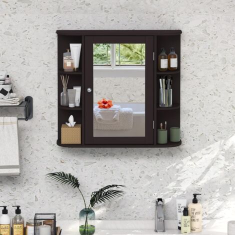 GOPLUS Armadio da Parete, Armadietto da Bagno 10 Ripiani con Specchio, 66 x 17 x 63 cm (Marrone)