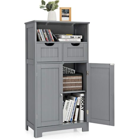 GOPLUS Armadio da Terra, Mensola con 2 Ante e 2 Cassetti, Mobile Salvaspazio Multifunzioneper Bagno,con 2 ManiciTondi, di Legno, 60x30x108,5 cm (Grigio)