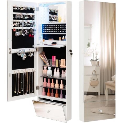 GOPLUS Armadio per Gioielli, Design 3 in 1, con Specchio a Figura Intera e Tavolo Pieghevole per Trucco, Spazio di Stoccaggio Ampio, 37 x 11 x 120 cm, Bianco