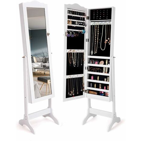 GOPLUS Armadio Portagioie con Specchio Figura Intera, Specchio Inclinazione Regolabile, Grande Capacità, per Soggiorno, Camera da Letto, 160 x 37 x 45cm, Bianco (Bianco)