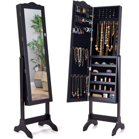 GOPLUS Armadio Portagioie con Specchio Figura Intera, Specchio Inclinazione Regolabile, Grande Capacità, per Soggiorno, Camera da Letto, 160 x 37 x 45cm, Bianco (Nero)