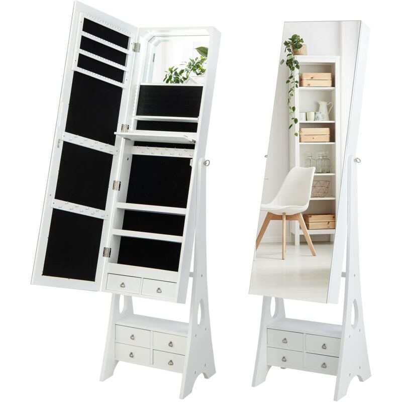Armoire à Bijoux Autoportante,Miroir Pleine Longueur,Bande Lumineuse Led Lumineuse,Miroir de Maquillage Intégré,Étagère Pliable,Blanc - Goplus