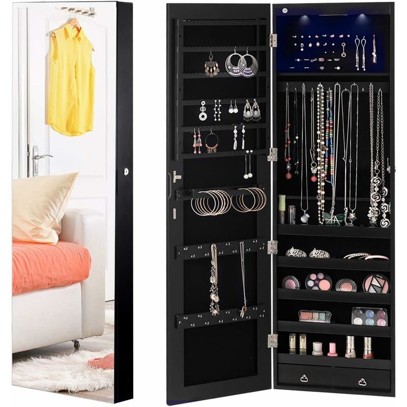 Armoire a Bijoux Suspendu avec Eclairage LED,36L x 10l x 120Hcm, Miroir Plein sans Cadre et 2 Tiroirs, pour Ranger Boucles d'Oreilles et Colliers