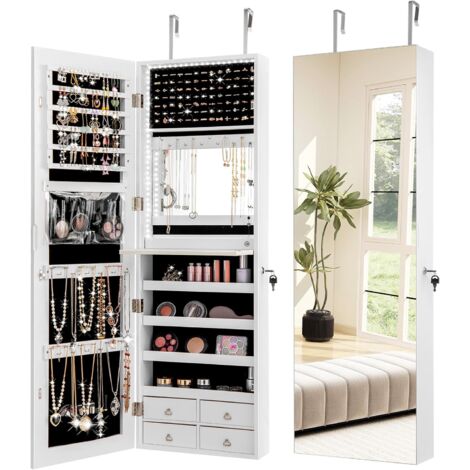 GOPLUS Armoire a Bijoux avec Miroir, Armoire à Bijoux Murale 2 en 1 avec Lumière LED, Tiroirs, Verrouillable, Organisateur de Bijoux sur Porte pour Femmes Filles, Blanc