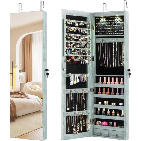 GOPLUS Armoire à Bijoux avec Miroir, Armoire a Bijoux Murale avec Éclairage LED, 2 Tiroirs, Fixer au Mur ou à Suspendre sur Porte, pour Ranger Boucles d'Oreilles et Colliers (Bleu Rétro)