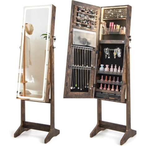 GOPLUS Armoire à Bijoux avec Miroir, Armoire de Rangement sur Pied pour Boucles d'Oreilles, Bague, Collier, Organisateur de Bijoux Verrouillable avec Lumières, 3 Angles d'Inclinaison (Marron)