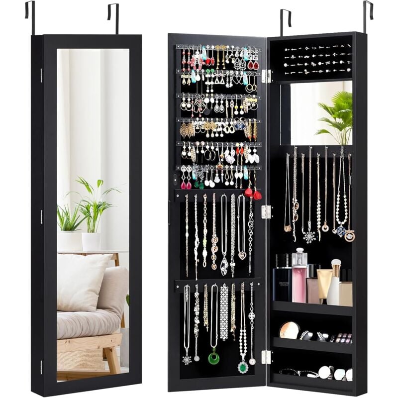 Goplus - Armoire à Bijoux avec Miroir, Meuble à Bijoux Mural/Suspendu, avec Grand Espace de Rangement et Miroir Pleine Longueur, Noir