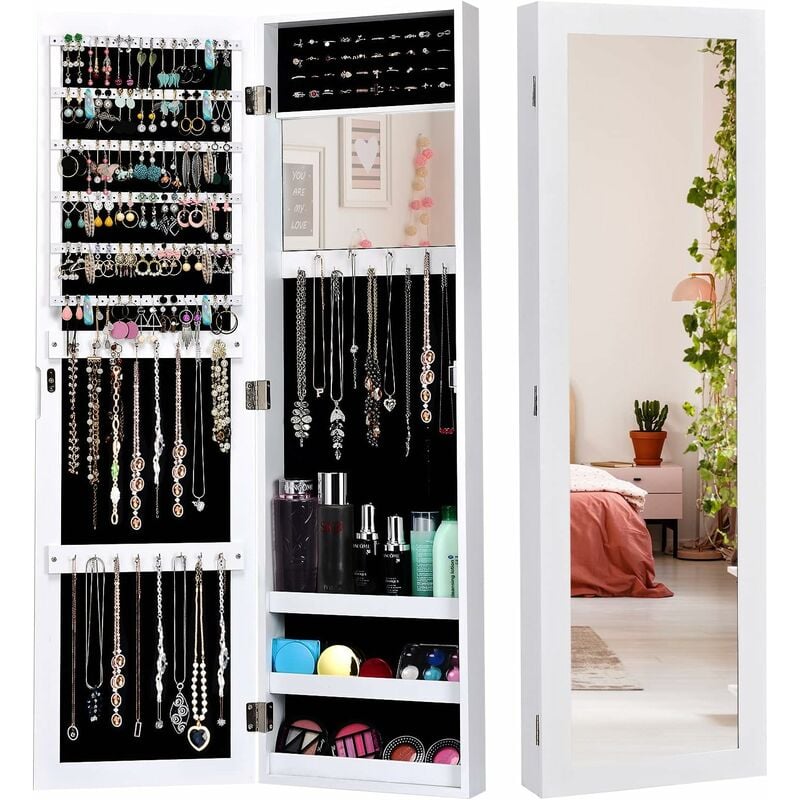 Armoire à Bijoux avec Miroir, Meuble à Bijoux Mural/Suspendu, avec Grand Espace de Rangement et Miroir Pleine Longueur, Blanc - Goplus