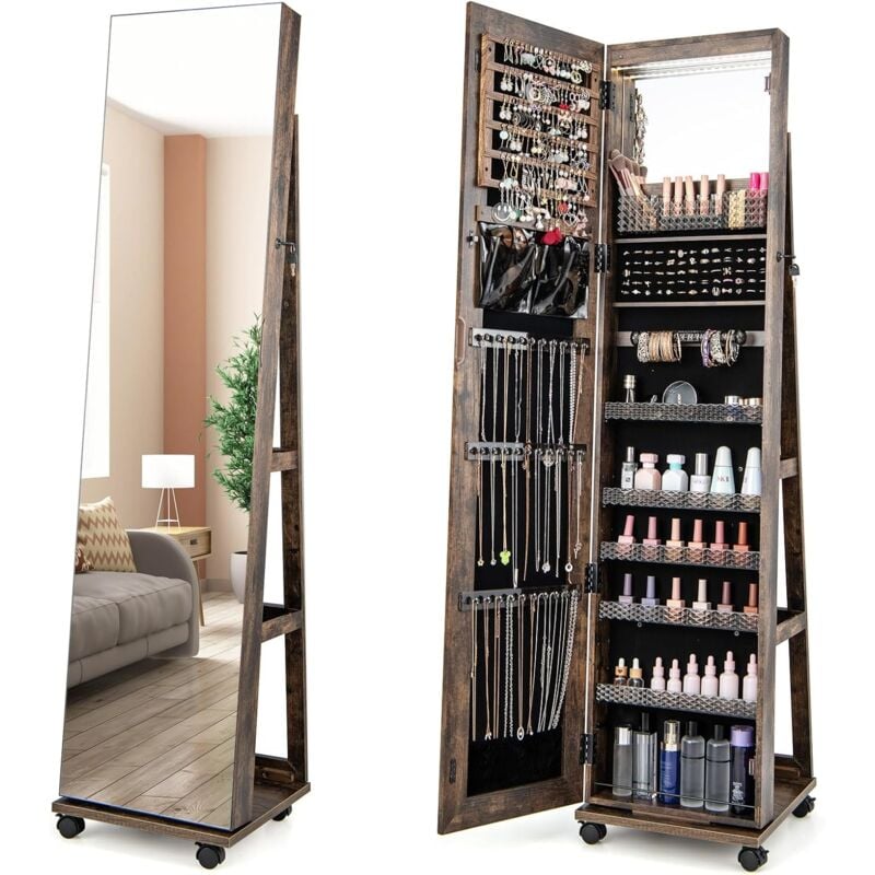 Goplus - Armoire à Bijoux Mobile avec Miroir Pleine Longueur-avec Serrure-Lumières Led 3 Couleurs-Miroir de Courtoisie Intégré Café