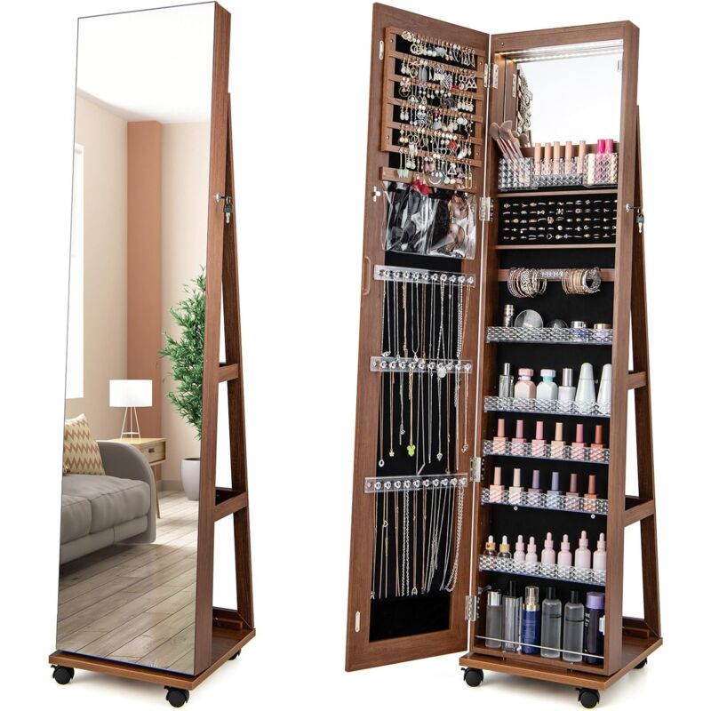Goplus - Armoire à Bijoux Mobile avec Miroir Pleine Longueur-avec Serrure-Lumières Led 3 Couleurs-Miroir de Courtoisie Intégré Marron