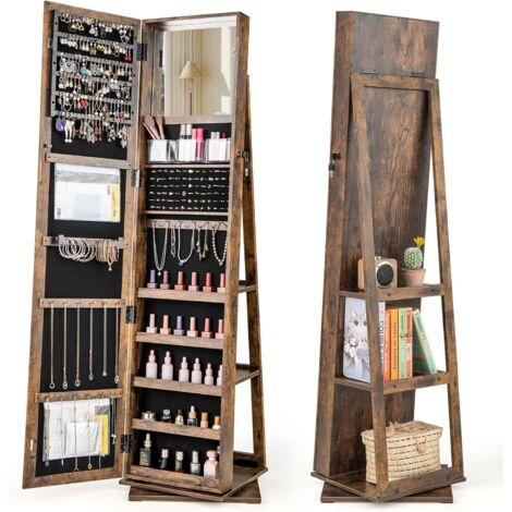 GOPLUS Armoire à Bijoux avec Miroir, Organiseur de Bijoux Rotatif avec Rangment pour Boucles d'Oreilles et Bagues, Armoire a Bijoux sur Pied avec 3 Étagères Arrière (Marron rustique)