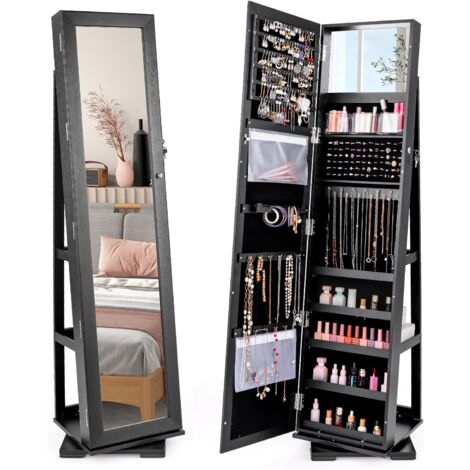 GOPLUS Armoire à Bijoux avec Miroir Plein Longueur,avec étagère de Rangement&Serrure, Organisateur Chambre Pivotante à 360°,Noir