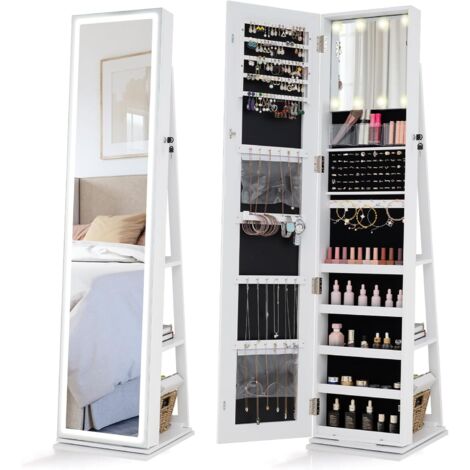 GOPLUS Armoire à Bijoux avec Miroir Pleine Longueur LED, Miroir Intérieur Éclairé 3 Couleurs, Étagères Arrière, Organisateur de Bijoux Pivotant Autoportant pour Femmes Filles (Blanc)