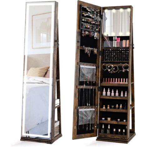 GOPLUS Armoire à Bijoux avec Miroir Pleine Longueur LED, Miroir Intérieur Éclairé 3 Couleurs, Étagères Arrière, Organisateur de Bijoux Pivotant Autoportant pour Femmes Filles (Marron rustique)
