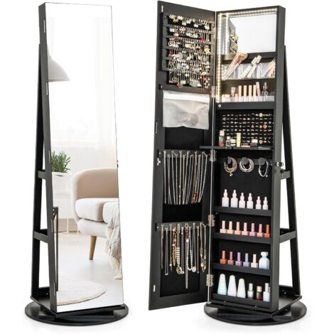 GOPLUS Armoire à Bijoux avec Miroir Pleine Longueur Rotative à 360° Avec Lumière Led 3 Couleurs-Miroir de Maquillage Intérieur Brun
