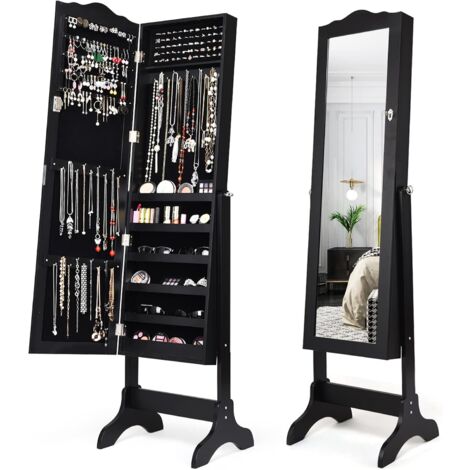 GOPLUS Armoire à Bijoux avec Miroir Réglable, Armoire à Bijoux sur Pieds, Organiseur de Bijoux Verrouillable, Armoire de Rangement avec Miroir, Noir