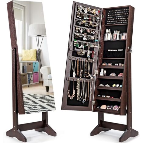 GOPLUS Armoire à bijoux de sol, meuble de rangement pour bijoux verrouillable 2 en 1 avec miroir inclinable réglable et compartiments spacieux, cadre en bois robuste (Marron)
