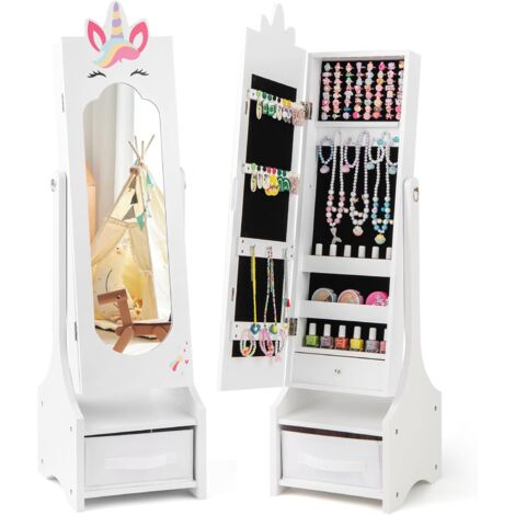 GOPLUS Armoire a Bijoux Enfant Fille, 2 en 1 Armoire à Bijoux avec Miroir, Organisateur à Bijoux sur Pied avec Tiroir Pliable, 2 Angles Réglables, Jolie Licorne, pour Chambre d'enfant (Blanc)