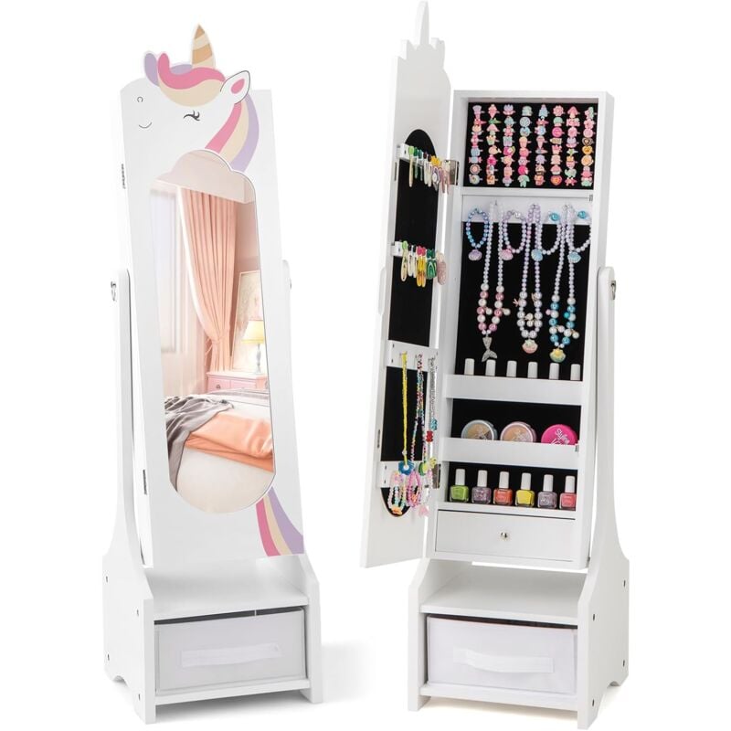 Goplus - Armoire a Bijoux Enfant Fille, 2 en 1 Armoire à Bijoux avec Miroir Pleine Longueur, Meuble à Bijoux sur Pied avec Tiroir Pliable, 2 Angles