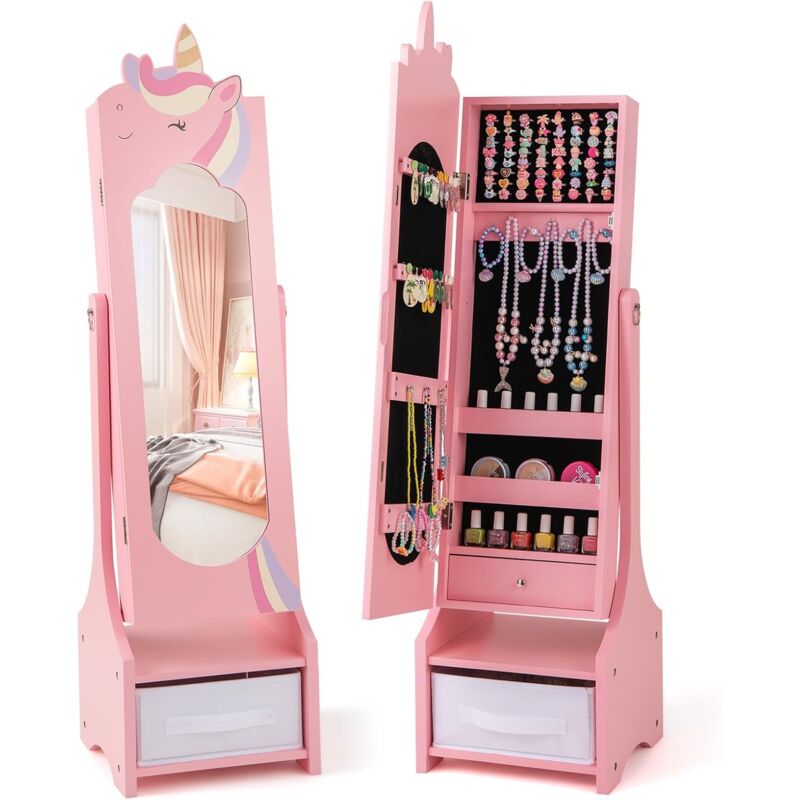 GOPLUS Armoire a Bijoux Enfant Fille, 2 en 1 Armoire à Bijoux avec Miroir Pleine Longueur, Meuble à Bijoux sur Pied avec Tiroir Pliable, 2 Angles