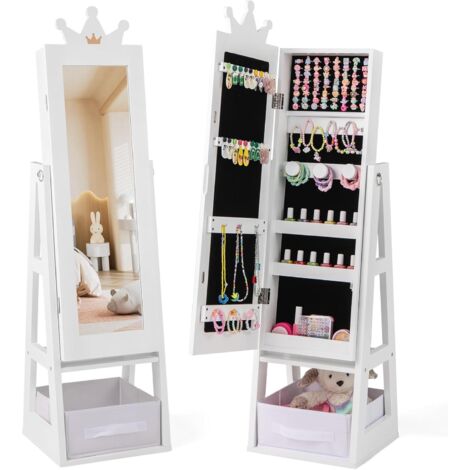 GOPLUS Armoire a Bijoux Enfant Fille, 3 en 1 Armoire à Bijoux avec Miroir sur Pied, Organiseur de Bijoux avec Tiroir Pliable, Anti-Basculement, Meuble pour Chambre d'enfant (Blanc)