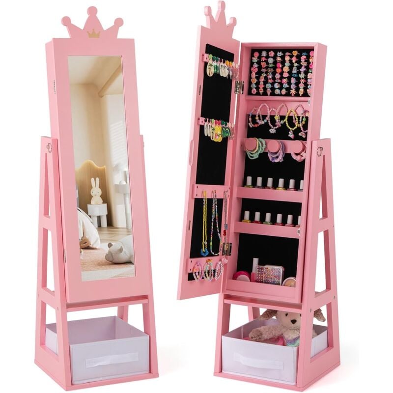 Goplus - Armoire a Bijoux Enfant Fille, 3 en 1 Armoire à Bijoux avec Miroir sur Pied, Organiseur de Bijoux avec Tiroir Pliable, Anti-Basculement,