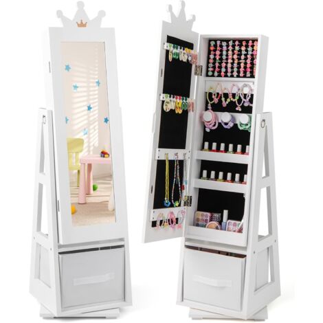 GOPLUS Armoire a Bijoux Enfant Fille, 3 en 1 Armoire à Bijoux avec Miroir sur Pied, Organiseur de Bijoux Pivotante avec Tiroir Pliable, Anti-Basculement, Meuble pour Chambre d'enfant (Blanc)