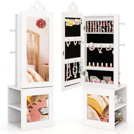 GOPLUS Armoire à Bijoux Enfant Fille, 3 en 1 Armoire de Bijoux sur Pied avec Miroir Pleine Longueur, Porte-vêtements, Kit Anti-basculement, Motif Cœur, pour Chambre d'Enfants (Blanc)