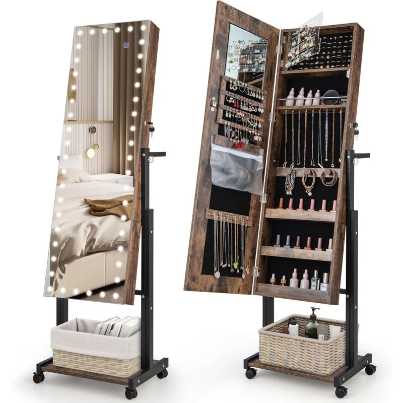 Armoire à Bijoux Miroir Pleine Longueur avec led Réglable en Hauteur et en Angle-Roues Universelles et Porte-manteau Marron - Goplus