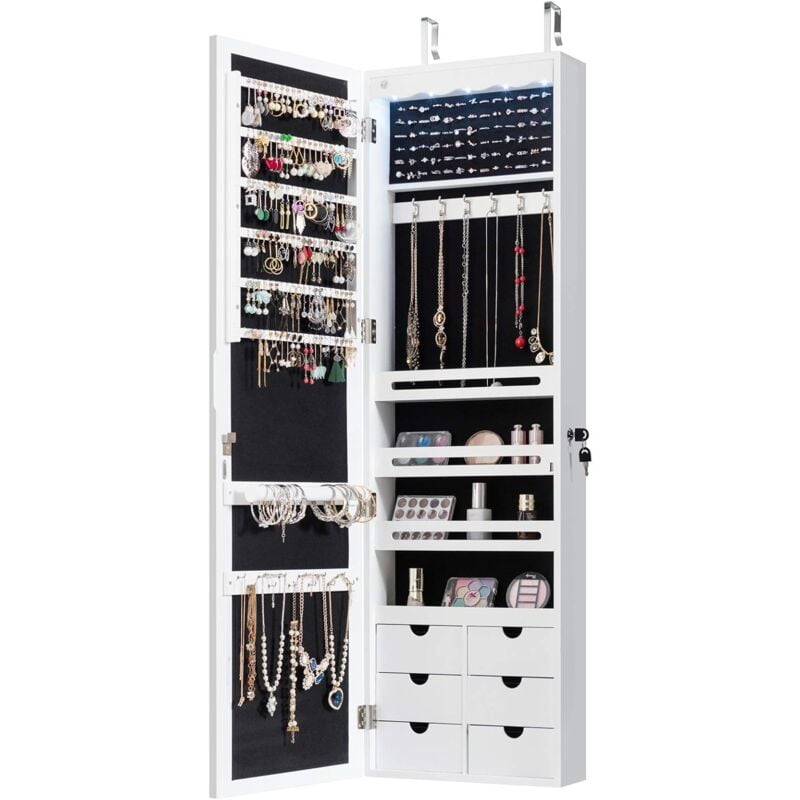 Goplus - Armoire a Bijoux Mural avec Miroir et Lumiere led, Armoire de Rangement Mural, Accrochee a la Porte avec Serrure, Miror Porte-Bijoux 120 x