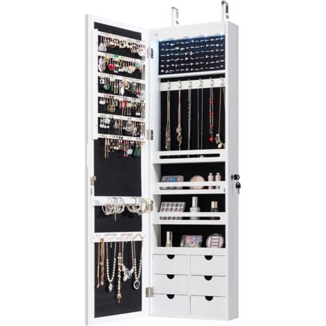Goplus – Armoire à bijoux murale avec miroir et lumière LED – Installation au mur ou sur porte – Dimensions 120 x 36,5 x 11,5 cm – Bois blanc