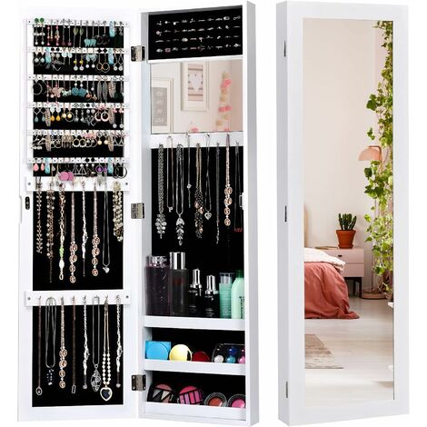 Goplus – Armoire à bijoux murale avec miroir pleine longueur – MDF blanc durable – 31,5 x 8,7 x 110 cm – Support de porte inclus
