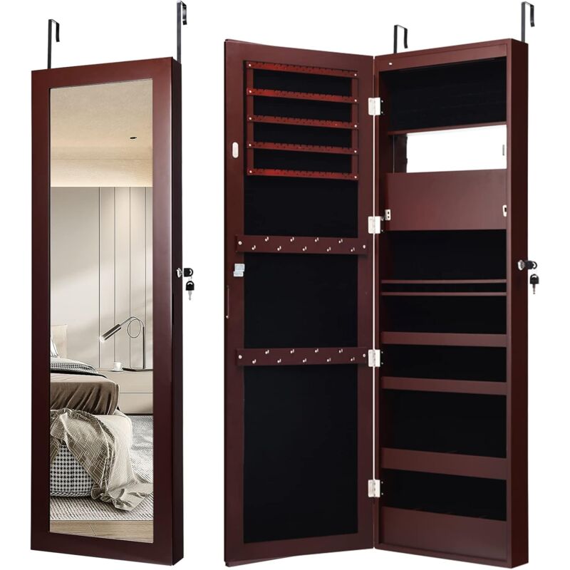 Armoire à Bijoux Murale avec Miroir Pleine Longueur,avec Lumières led Automatiques Miroir Intégré,Serrure à Clé,Marron - Goplus