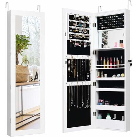 GOPLUS  Armoire à Bijoux Murale avec Miroir Pleine Longueur,avec Lumières LED Automatiques Miroir Intégré,Serrure à Clé,Blanc
