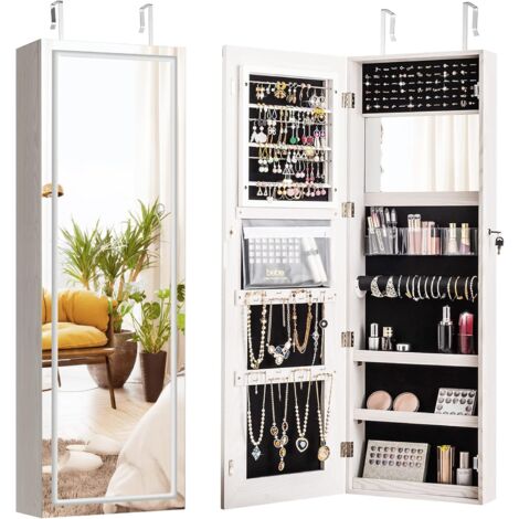 GOPLUS Armoire à Bijoux Murale avec Miroir sans Cadre LED écran Tactile,avec étagère de Rangement,Serrure,Miroir Intérieur,Blanc