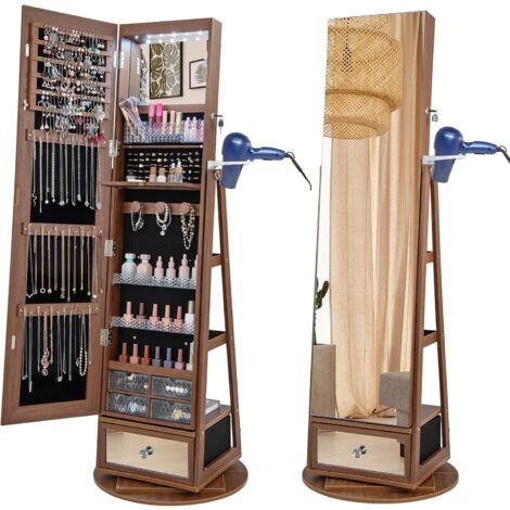Goplus – Armoire à bijoux sur pied pivotante 360° – Miroir pleine longueur – 6 lumières LED – Support sèche-cheveux – MDF Noyer 56 x 164 cm