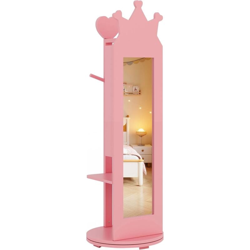 Goplus - Armoire a Bijoux Rotative à 360° pour Enfant, 3 en 1 Armoire à Bijoux sur Pied avec Miroir Pleine Longueur, Porte-vêtements, Grand Espace de