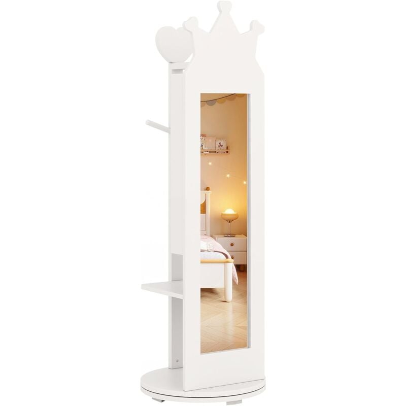 Armoire a Bijoux Rotative à 360° pour Enfant, 3 en 1 Armoire à Bijoux sur Pied avec Miroir Pleine Longueur, Porte-vêtements, Grand Espace de
