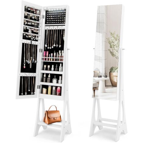 Armoire à Bijoux à Roulettes Avec LED GoPlus - Hauteur Et Angle Réglables, Miroir Plein Pied, Porte-manteau - 155-175 Cm, Marron Ou Blanc - Organisation Rangement Bijoux