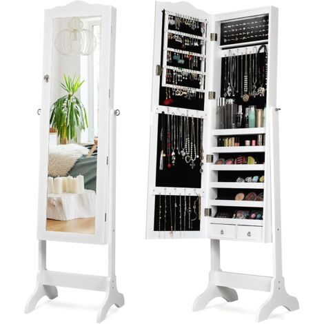 Goplus – Armoire à bijoux sur pied avec miroir – 14 lumières LED – 6 étagères de rangement – Verrouillable en MDF blanc – Dimensions 41,5x37x160cm