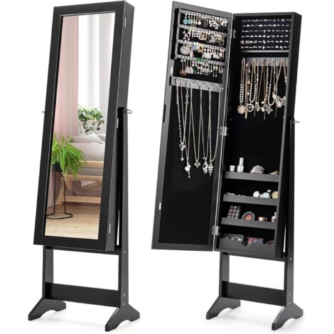 Goplus – Armoire à bijoux sur pied avec miroir inclinable – Rangement cosmétiques 4 étagères – Dimensions 35 x 30 x 144 cm – MDF et miroir argenté