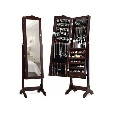 GOPLUS Armoire a Bijoux sur Pied avec Miroir, Meuble a Bijoux de Dessus d’Arc avec 14 Lumieres LED, 6 Etageres de Rangement, Verrouillable en Bois pour Bijoux et Cosmetiques (Brun)