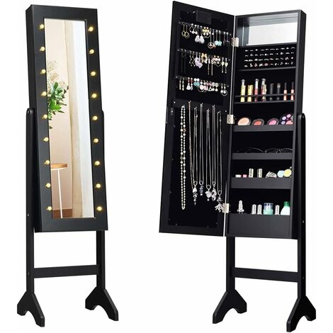 Goplus – Armoire à bijoux sur pied avec miroir plein longueur – Lumieres LED – Autoportante verrouillable avec serrure et clés – 4 étagères – MDF noir