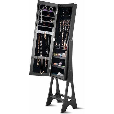 Goplus – Armoire à bijoux sur pied avec miroir pleine longueur et lumières LED – Rangement noir en MDF P2 – 3 étagères – Doublure en velours